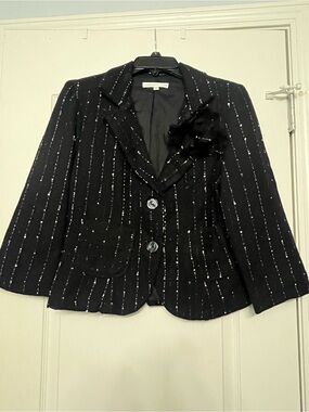 Lavender Star Black and Pink Tweed Blazer with Decorative Brooch